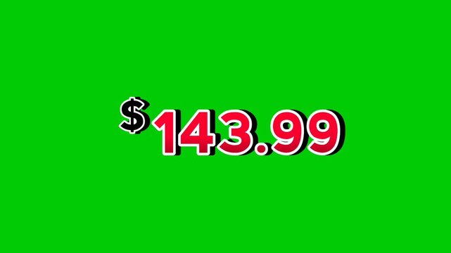 Animation red $143.99 dollars price tag motion graphics with smoke effects on green screen background. Perfect for ads, e-commerce, retail, discounts, and promo videos business concept video element