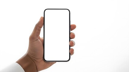 Hand holding a blank white smartphone screen mockup isolated on a white background
