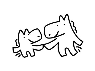 仲良く手を繋ぐ2頭の馬の親子のキャラクター　線画・お出かけ・幸せ
