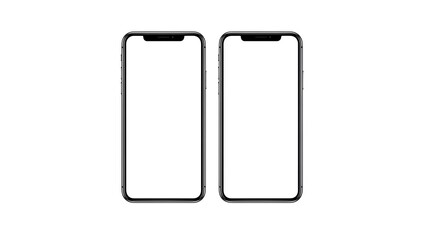 Two modern black smartphones with blank screens displayed side by side on a white background
