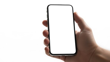 Hand holding a blank smartphone screen mockup against a plain white background