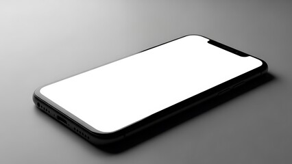 Blank smartphone screen on a gray surface with dramatic lighting and shadow