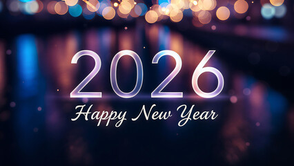 Elegant 2026 Happy New Year Text with Bokeh Lights: Stylish New Year 2026 greeting with glowing text and blurred city bokeh lights, ideal for holiday cards, web banners, and seasonal promotions.