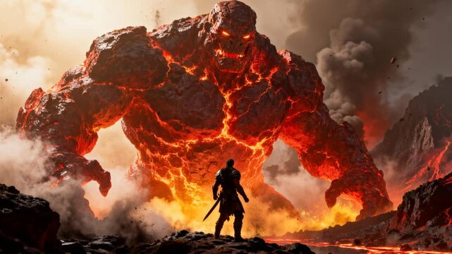 cinematic warrior silhouette gigantic molten rock titan volcanic steam rim lighting fantasy epic