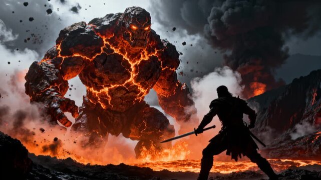 cinematic warrior silhouette gigantic molten rock titan volcanic steam rim lighting fantasy epic