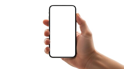 Hand holding a blank smartphone mockup against a plain white background for display