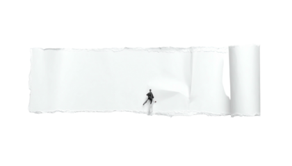 Man stands in torn paper; abstract and minimalist