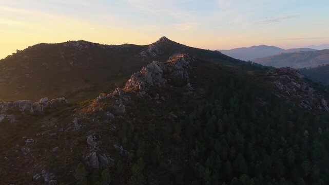 Rocky Mountains Of Monte Louro At Sunset In Louro, A Coru&ntilde;a, Spain. Aerial Drone Shot