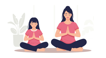 Mother and daughter meditating together in a serene home environment, practicing mindfulness and healthy lifestyle habits.
