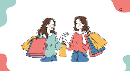 Two happy young women with shopping bags discuss their purchases, enjoying a successful retail therapy session.