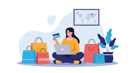 A happy young woman sits with her laptop and credit card, surrounded by shopping bags, enjoying online shopping and global e-commerce.