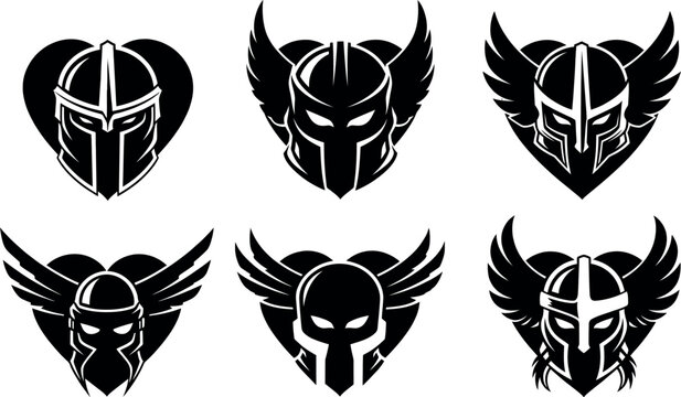 Collection of vintage viking helmets with wings and horned designs in black