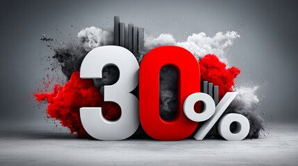 Bold 30% discount sign with red and white colors. Background features smoke and abstract shapes, emphasizing a promotional sale event.