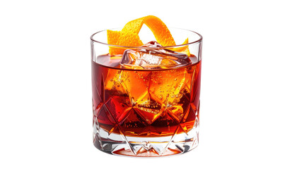 Cocktail dark amber liquid with ice and orange peel garnish