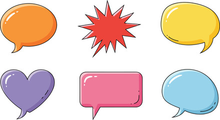 Colorful cartoon speech bubble collection featuring various comic shapes including hearts, bursts