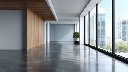 Contemporary minimalist office design with urban skyscraper views in architectural photography