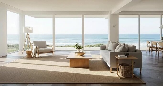 Modern beachside living room with ocean view, featuring minimalist decor and natural light