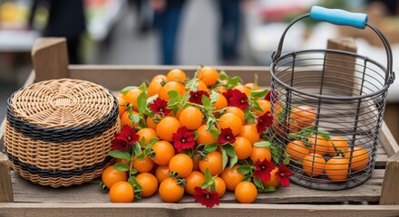 A Bountiful Pile of Fresh, Ripe Tomatoes Adorned with Vibrant Red Flowers at a Bustling Market Stall