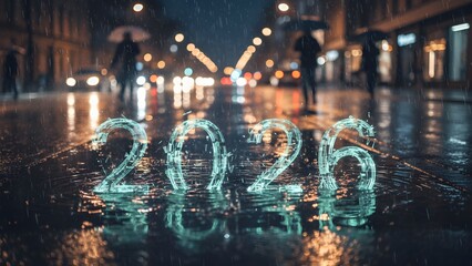 The glowing numbers '2026' reflect on a rain-soaked city street at night, with blurred figures and headlights in the background, creating an evocative urban scene for the new year