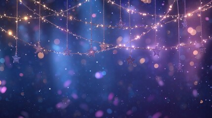 Magical festive background with glowing string lights, soft bokeh in blue and purple, shimmering glitter and star flares.
