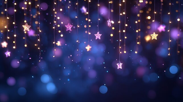 Magical festive background with glowing string lights, soft bokeh in blue and purple, shimmering glitter and star flares. - Powered by Adobe