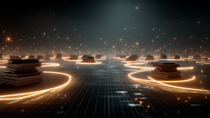 Abstract glowing blackboard grid with ruler and compass, education and geometry concept with neon design and mathematical theme, Generated AI