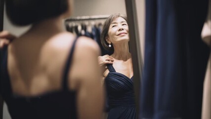 Elegant senior Asian woman trying on a navy blue evening dress in fitting room. She gracefully turns, looking fabulous and confident. Beautiful mature lady.