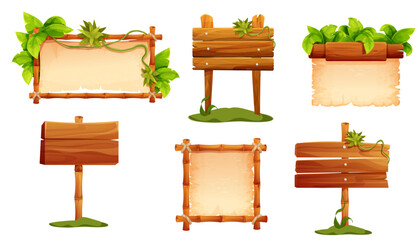 Fototapeta premium Wooden signpost set, empty board textured wood plank, parchment paper. Wood plank frames game signpost, farm garden or jungle pointing panel. Set menu ui design. Outdoor empty textured arrow