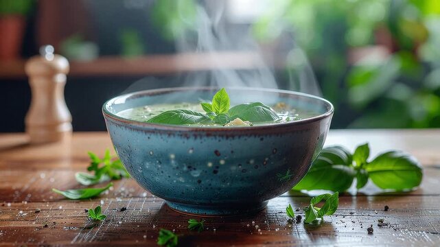 A close-up, eye-level video of a hearty, vibrant homemade vegetable soup in a ceramic blue bowl, with rising steam and dramatic backlighting highlighting the fresh ingredients.