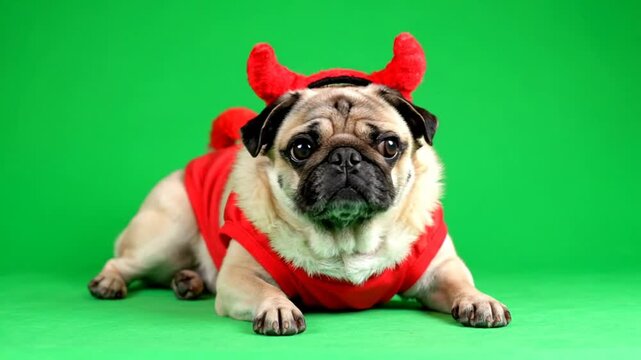 Cute pug dog dressed in a devil costume panting with its tongue sticking out on green background