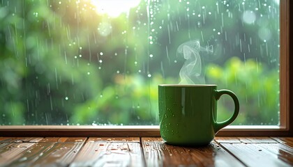 Steaming green mug on a wet wooden sill, with a blurred rainy window and lush green trees in the background, creating a cozy and serene atmosphere.