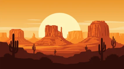 Gardinen Braun Vibrant desert landscape at sunset with large rock formations and saguaro cacti under a warm sky.  © PDWN Creative