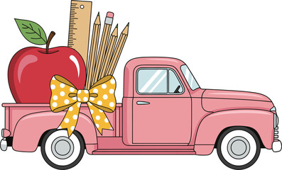 Cute pink vintage truck carrying school supplies, pencils, ruler, and apple with decorative bow in a fun educational vector illustration.