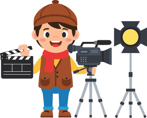 Cute young filmmaker character holding clapperboard with video camera and studio light equipment for movie production and filmmaking illustration.