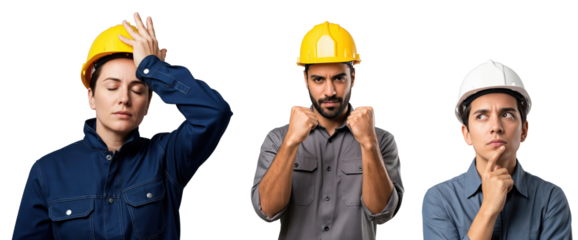 Diverse group of young adult construction workers and engineers in hard hats expressing various emotions like stress, determination, and contemplation on transparent background