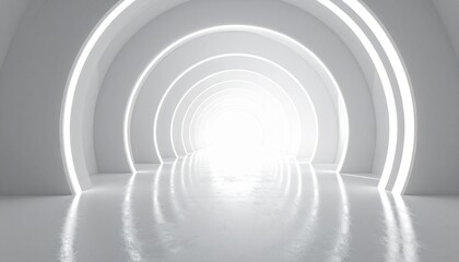 Obraz premium A bright, futuristic tunnel with glowing arched ceilings and a reflective floor, evoking a sense of modern architectural design and digital art