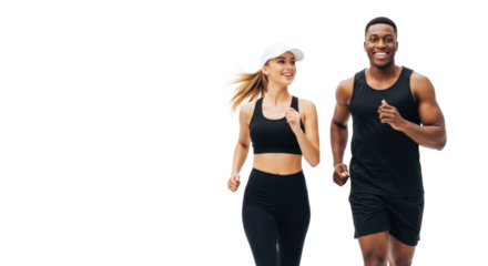 young athletic caucasian woman and black man jogging in sync on a seamless transparent studio background with copy space. concept of a healthy, active lifestyle