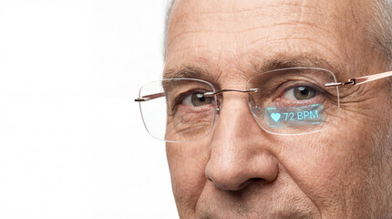 Senior man wearing smart AR glasses with health data reflection on white background