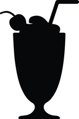 Minimalist black milkshake glass with straw and cherry silhouette vector icon
