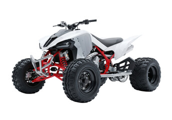 Fototapeta premium White futuristic sport quad bike (atv) with bright red suspension and oversized knobby tires, product photography on a transparent infinity studio background, medium-low angle, concept of extreme