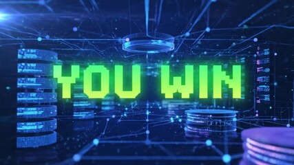 Futuristic digital gaming screen displays you win with vibrant neon green text in a virtual reality setting - Powered by Adobe