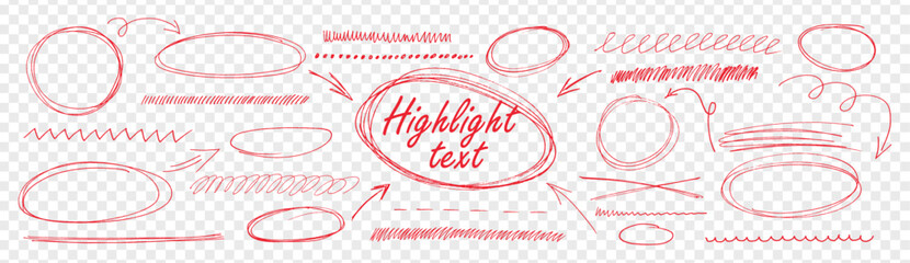 Obraz na płótnie Canvas Red pen strokes forming round circle underline shapes with hand drawn doodle arrow elements on like transparent png bg. Vector set kit bundle for highlight text using scribble oval lines.