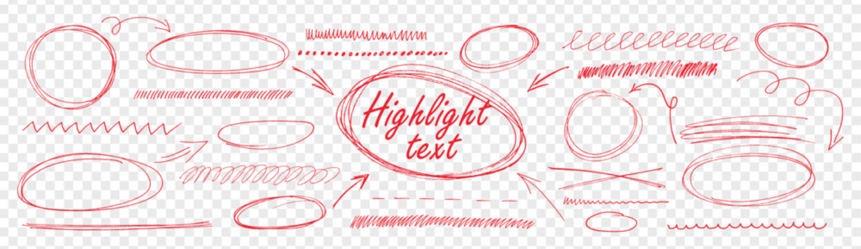 Red pen strokes forming round circle underline shapes with hand drawn doodle arrow elements on like transparent png bg. Vector set kit bundle for highlight text using scribble oval lines.