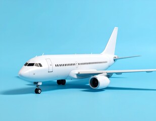 Obraz premium White Airplane Model on a Vibrant Blue Background, Ready for Departure and Travel.