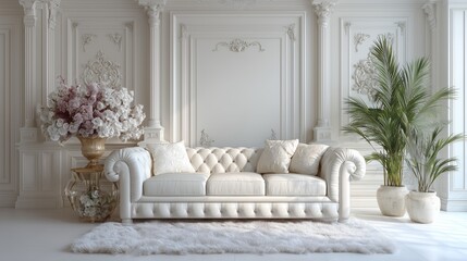 White sofa in the interior of the living room decorated with bouquets of flowers in vases. Luxurious interior, background. Cloud Dancer - PANTONE 11-4201 color of the year 2026, concept