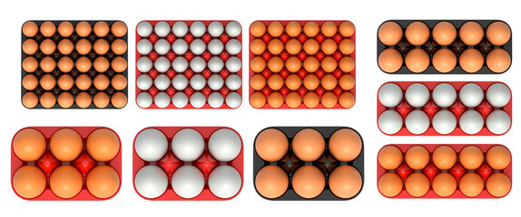 Plastic trays filled with neatly stacked brown and white eggs, isolated on white transparent background.