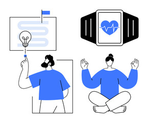 Fitness tracking, mindfulness, wellness, innovation, health technology, productivity. A smartwatch, yoga pose and light bulb idea. Fitness tracking and mindfulness concept