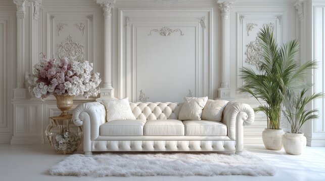 White sofa in the interior of the living room decorated with bouquets of flowers in vases. Luxurious interior, background. Cloud Dancer - PANTONE 11-4201 color of the year 2026, concept