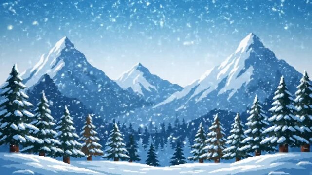 Pixelated Winter Wonderland Scene with Snowy Mountains, Pine Trees, and Falling Snowflakes against a Blue Sky