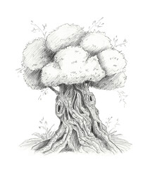 Old olive tree black and white hand drawn pencil illustration isolated on white. Detailed realistic sketch of Oak tree with hollows. Vintage style nature clip art for stylish package designs